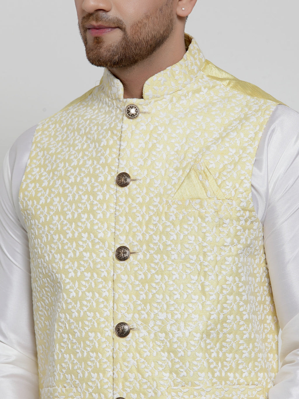 Jompers Men's Solid Dupion Kurta Pajama with Embroidered Nehru Jacket (Yellow) | Grocsy