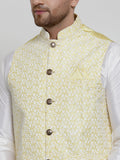 Jompers Men's Solid Dupion Kurta Pajama with Embroidered Nehru Jacket (Yellow) | Grocsy
