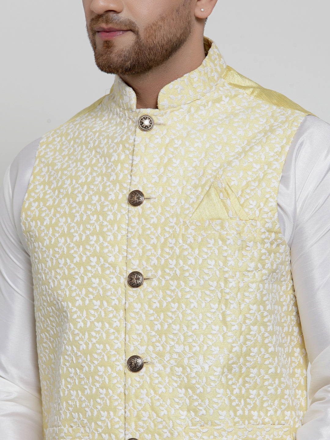 Jompers Men's Solid Dupion Kurta Pajama with Embroidered Nehru Jacket (Yellow) | Grocsy