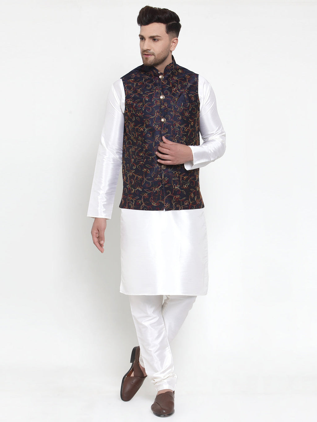 Jompers Men's Solid Dupion Kurta Pajama with Blue Nehru Jacket | Grocsy