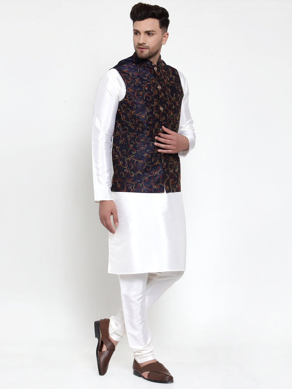 Jompers Men's Solid Dupion Kurta Pajama with Blue Nehru Jacket | Grocsy