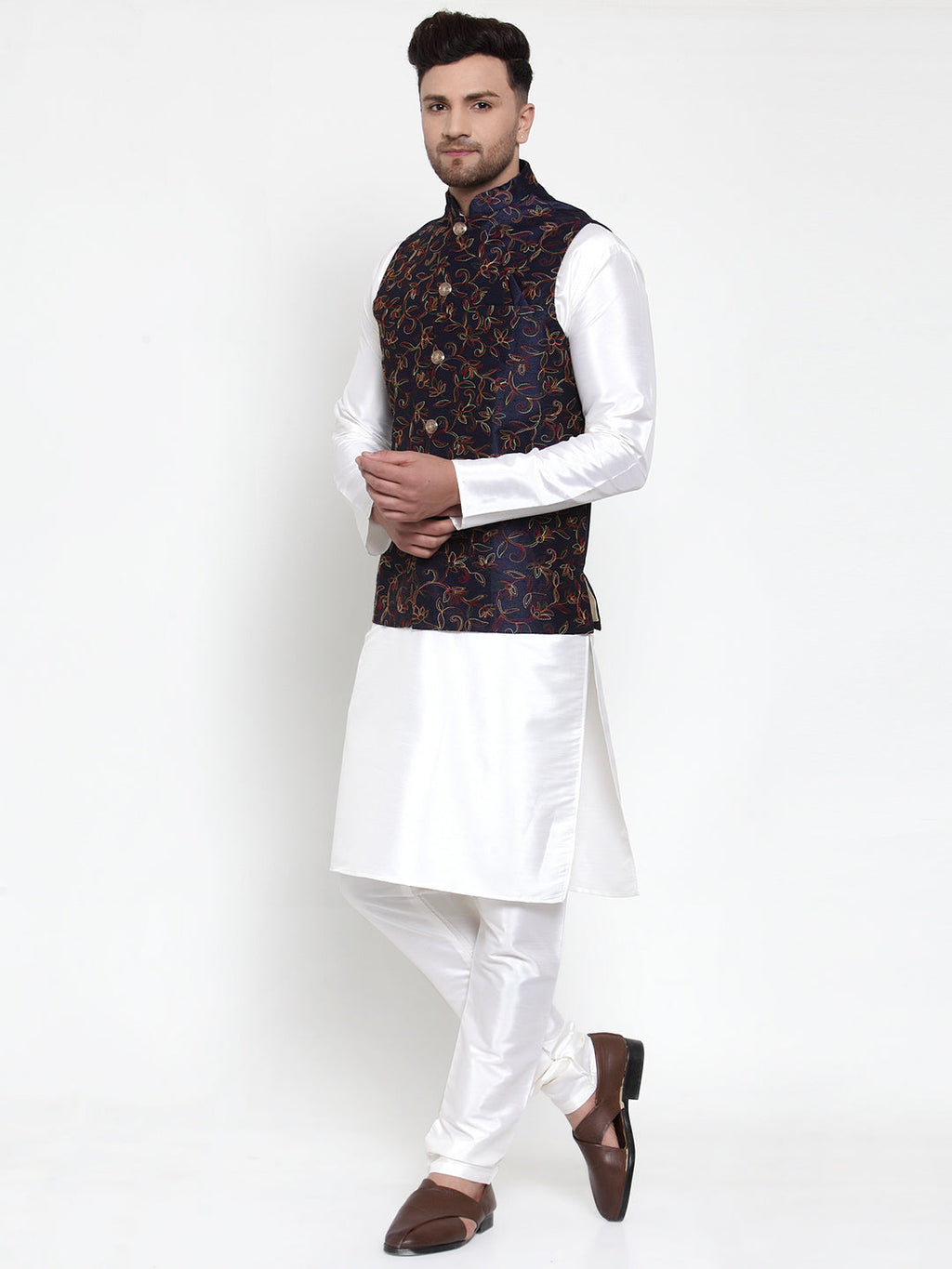 Jompers Men's Solid Dupion Kurta Pajama with Blue Nehru Jacket | Grocsy