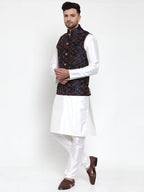 Jompers Men's Solid Dupion Kurta Pajama with Blue Nehru Jacket | Grocsy