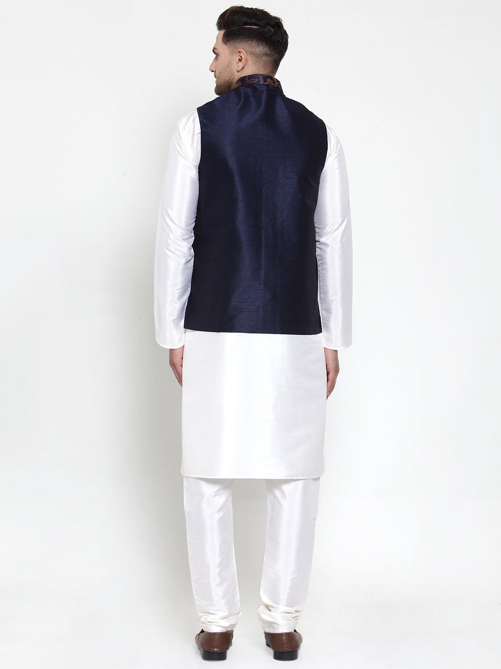 Jompers Men's Solid Dupion Kurta Pajama with Blue Nehru Jacket | Grocsy