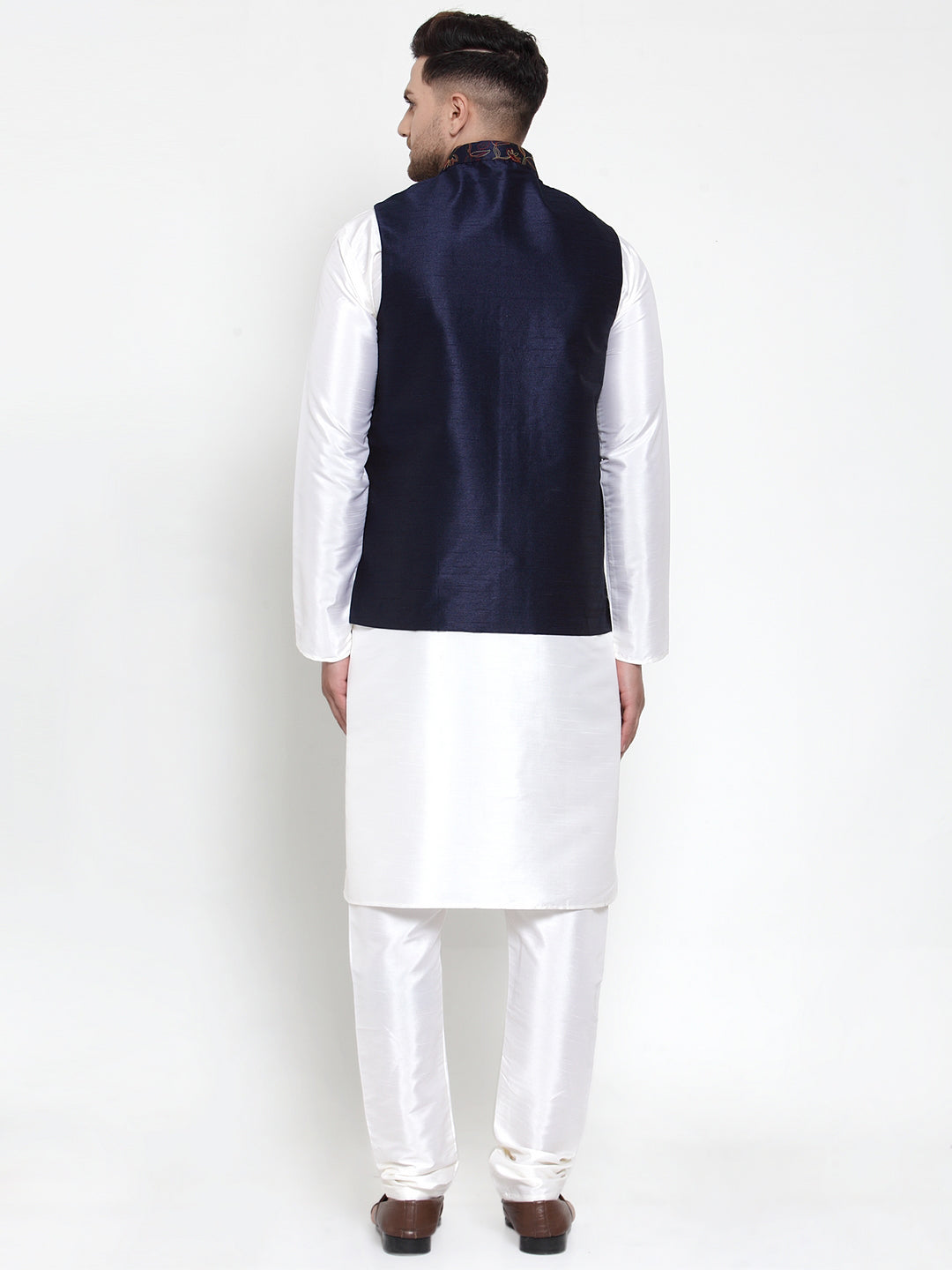 Jompers Men's Solid Dupion Kurta Pajama with Blue Nehru Jacket | Grocsy