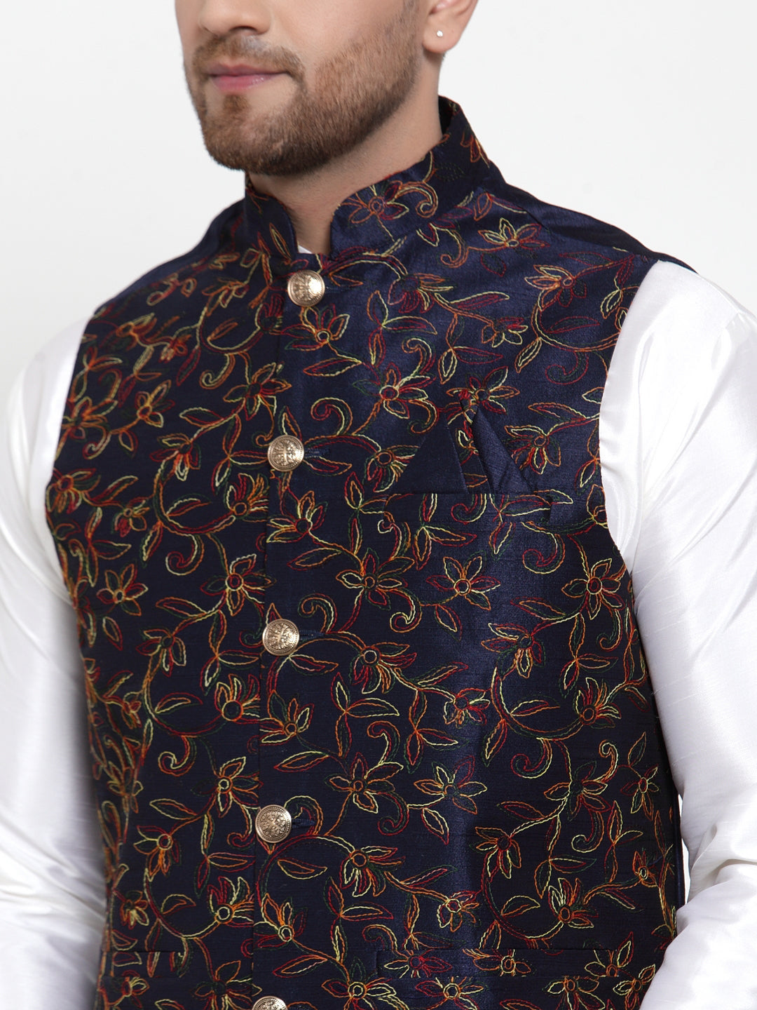 Jompers Men's Solid Dupion Kurta Pajama with Blue Nehru Jacket | Grocsy