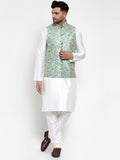 Jompers Men's Solid Dupion Kurta Pajama with Woven Nehru Jacket Sky (JOKPWC_OW-D_4013Sky) | Grocsy