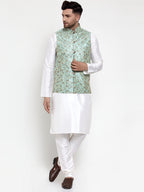 Jompers Men's Solid Dupion Kurta Pajama with Woven Nehru Jacket Sky (JOKPWC_OW-D_4013Sky) | Grocsy