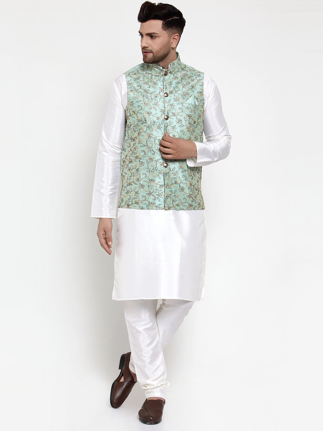 Jompers Men's Solid Dupion Kurta Pajama with Woven Nehru Jacket Sky (JOKPWC_OW-D_4013Sky) | Grocsy