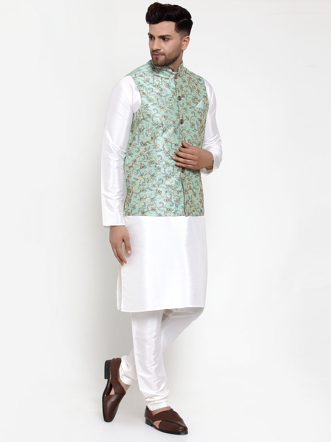 Jompers Men's Solid Dupion Kurta Pajama with Woven Nehru Jacket Sky (JOKPWC_OW-D_4013Sky) | Grocsy