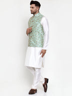 Jompers Men's Solid Dupion Kurta Pajama with Woven Nehru Jacket Sky (JOKPWC_OW-D_4013Sky) | Grocsy