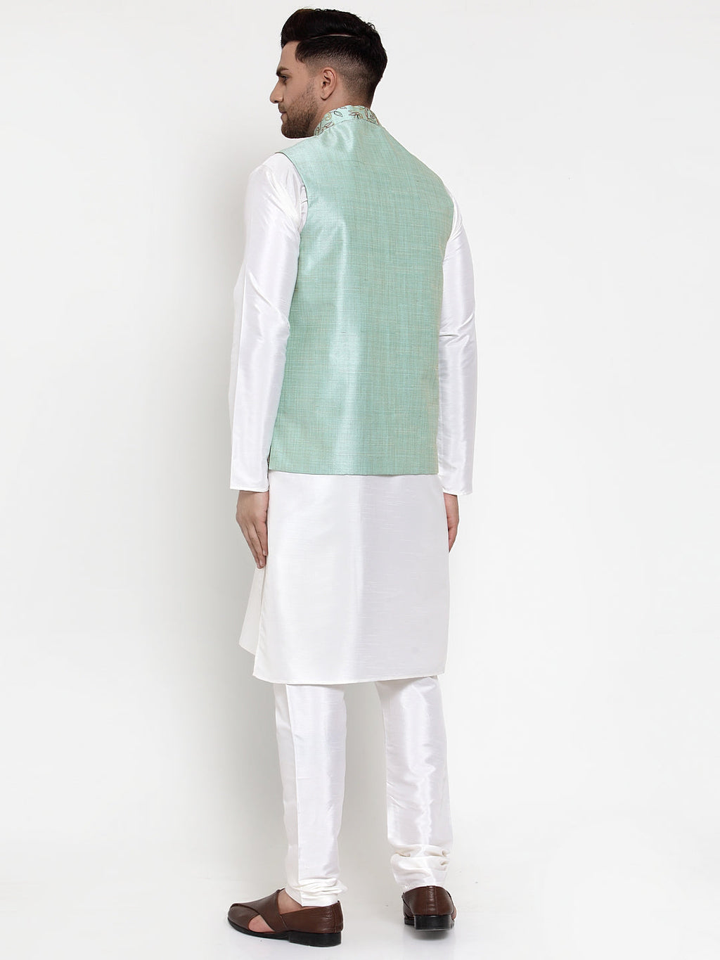 Jompers Men's Solid Dupion Kurta Pajama with Woven Nehru Jacket Sky (JOKPWC_OW-D_4013Sky) | Grocsy