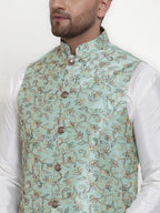 Jompers Men's Solid Dupion Kurta Pajama with Woven Nehru Jacket Sky (JOKPWC_OW-D_4013Sky) | Grocsy