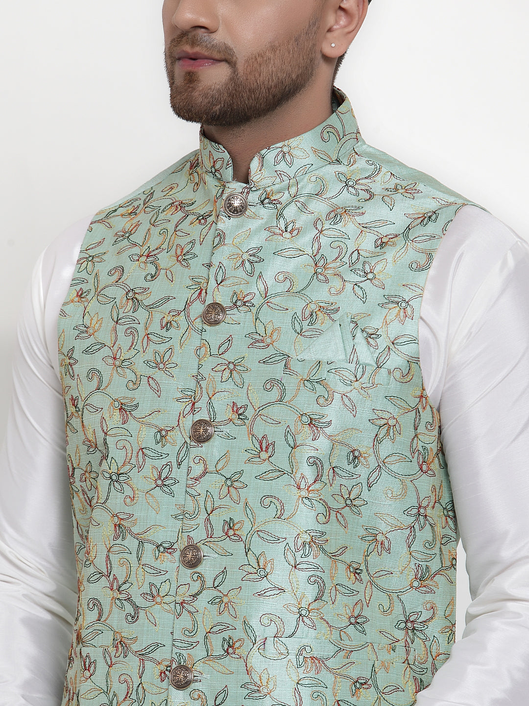 Jompers Men's Solid Dupion Kurta Pajama with Woven Nehru Jacket Sky (JOKPWC_OW-D_4013Sky) | Grocsy