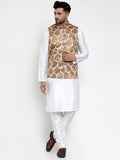 Jompers Men Solid Dupion Kurta Pajama with Printed Nehru Jacket (Brown) | Grocsy