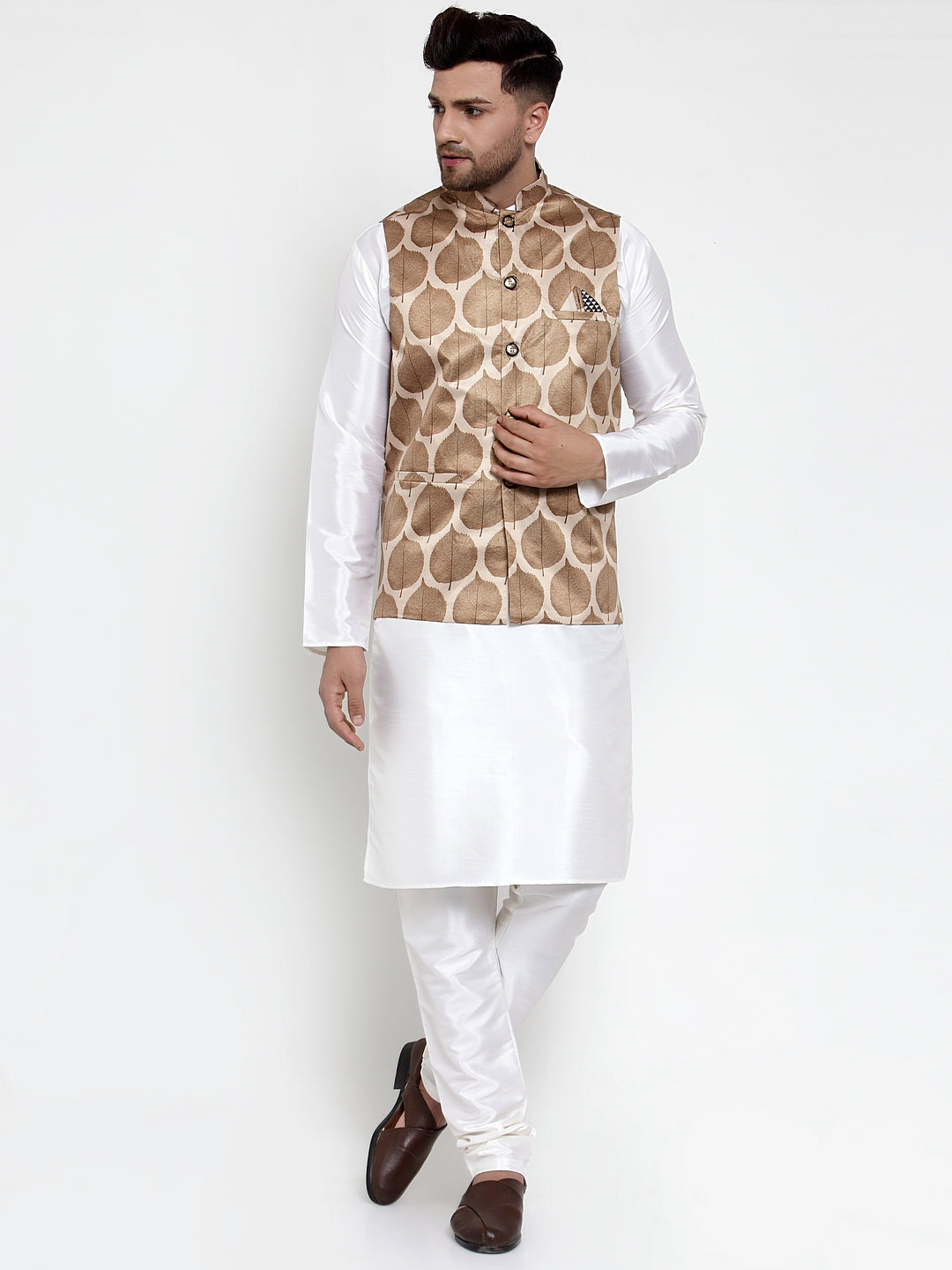 Jompers Men Solid Dupion Kurta Pajama with Printed Nehru Jacket (Brown) | Grocsy
