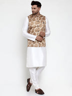 Jompers Men Solid Dupion Kurta Pajama with Printed Nehru Jacket (Brown) | Grocsy