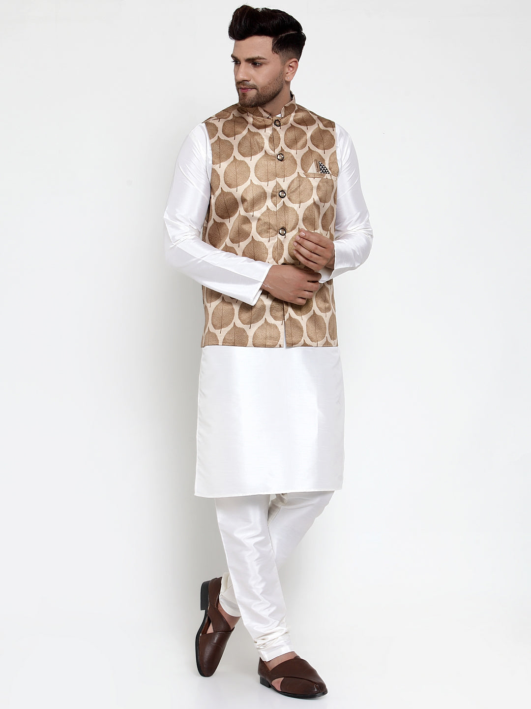 Jompers Men Solid Dupion Kurta Pajama with Printed Nehru Jacket (Brown) | Grocsy