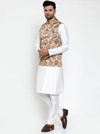 Jompers Men Solid Dupion Kurta Pajama with Printed Nehru Jacket (Brown) | Grocsy