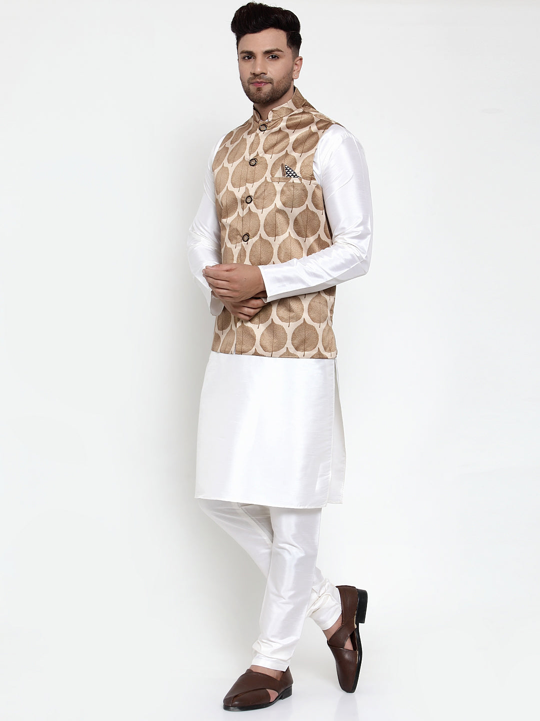 Jompers Men Solid Dupion Kurta Pajama with Printed Nehru Jacket (Brown) | Grocsy