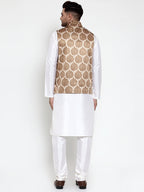 Jompers Men Solid Dupion Kurta Pajama with Printed Nehru Jacket (Brown) | Grocsy