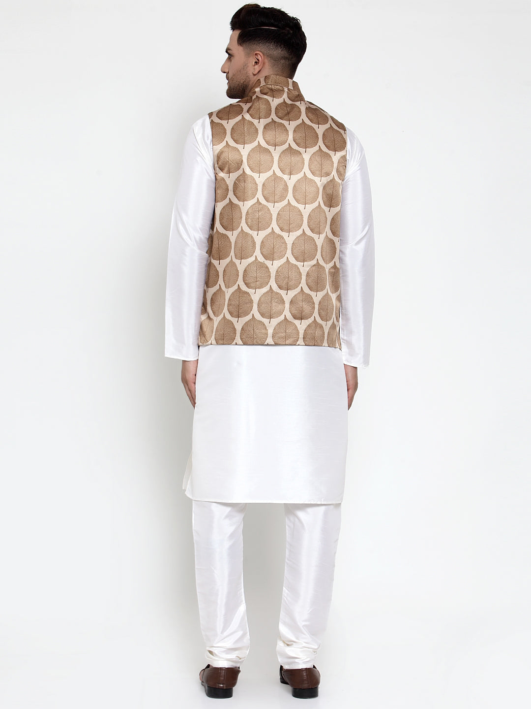 Jompers Men Solid Dupion Kurta Pajama with Printed Nehru Jacket (Brown) | Grocsy
