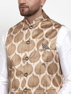Jompers Men Solid Dupion Kurta Pajama with Printed Nehru Jacket (Brown) | Grocsy
