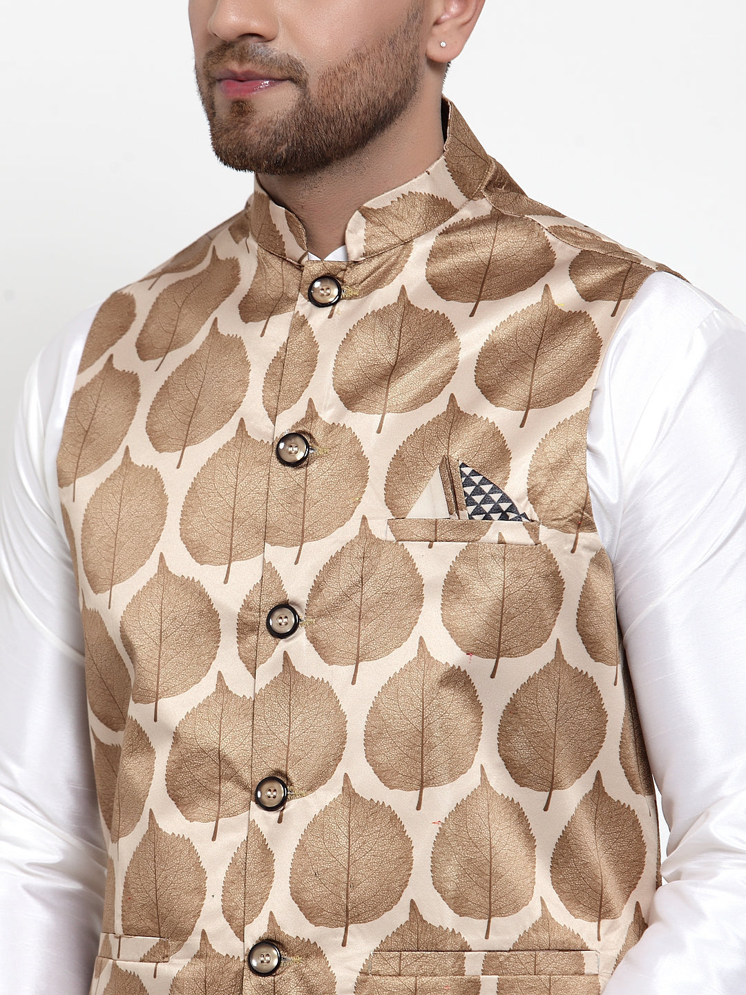 Jompers Men Solid Dupion Kurta Pajama with Printed Nehru Jacket (Brown) | Grocsy