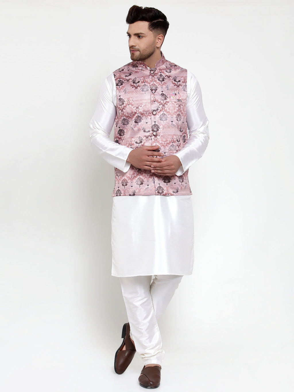 Jompers Men's Solid Dupion Kurta Pajama with Printed Nehru Pink Jacket | Grocsy