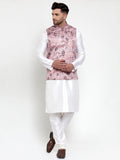 Jompers Men's Solid Dupion Kurta Pajama with Printed Nehru Pink Jacket | Grocsy