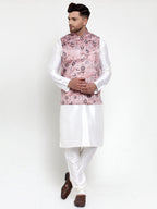 Jompers Men's Solid Dupion Kurta Pajama with Printed Nehru Pink Jacket | Grocsy
