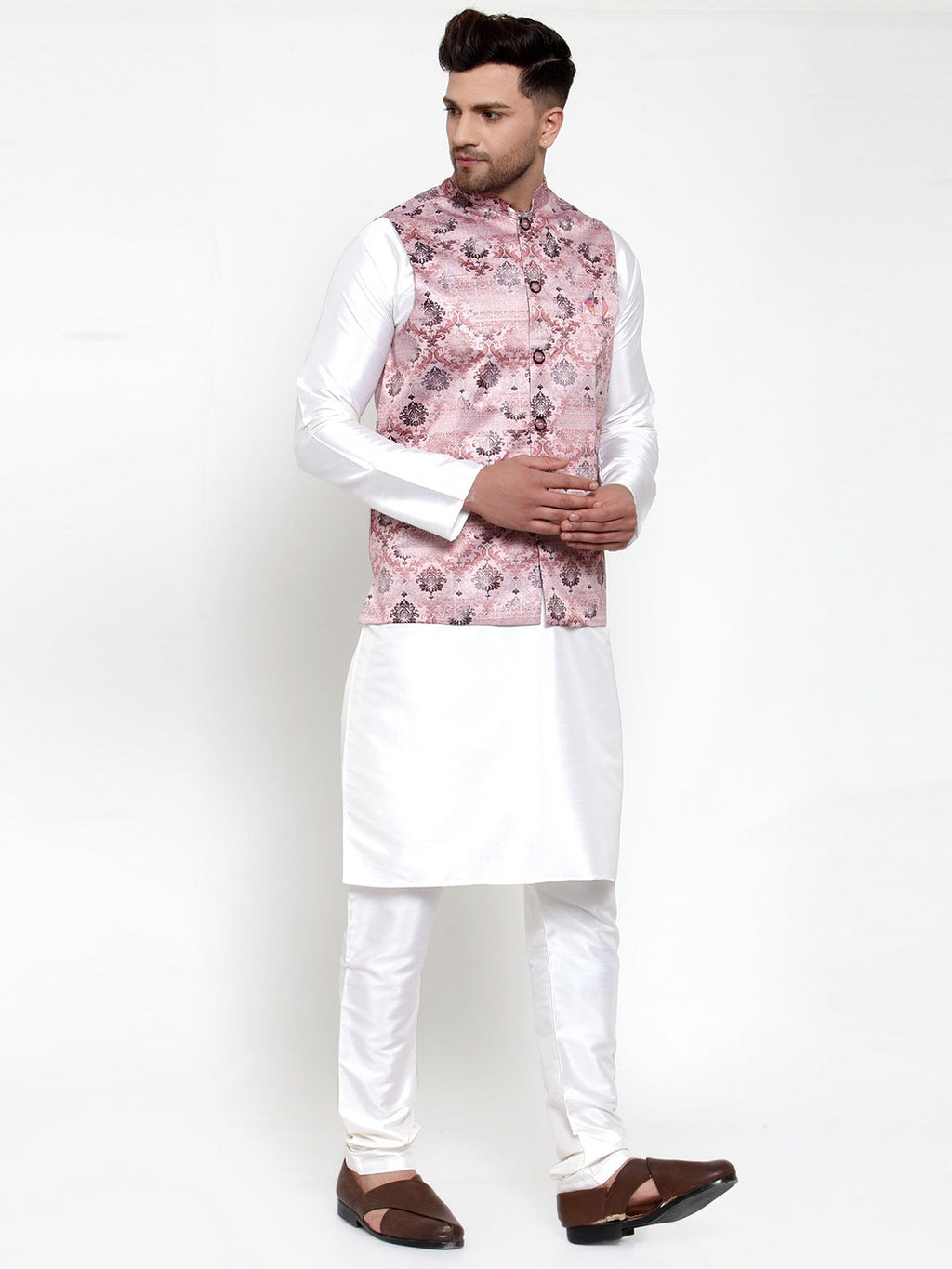 Jompers Men's Solid Dupion Kurta Pajama with Printed Nehru Pink Jacket | Grocsy