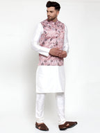 Jompers Men's Solid Dupion Kurta Pajama with Printed Nehru Pink Jacket | Grocsy