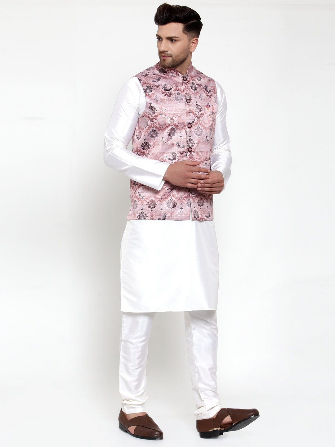 Jompers Men's Solid Dupion Kurta Pajama with Printed Nehru Pink Jacket | Grocsy