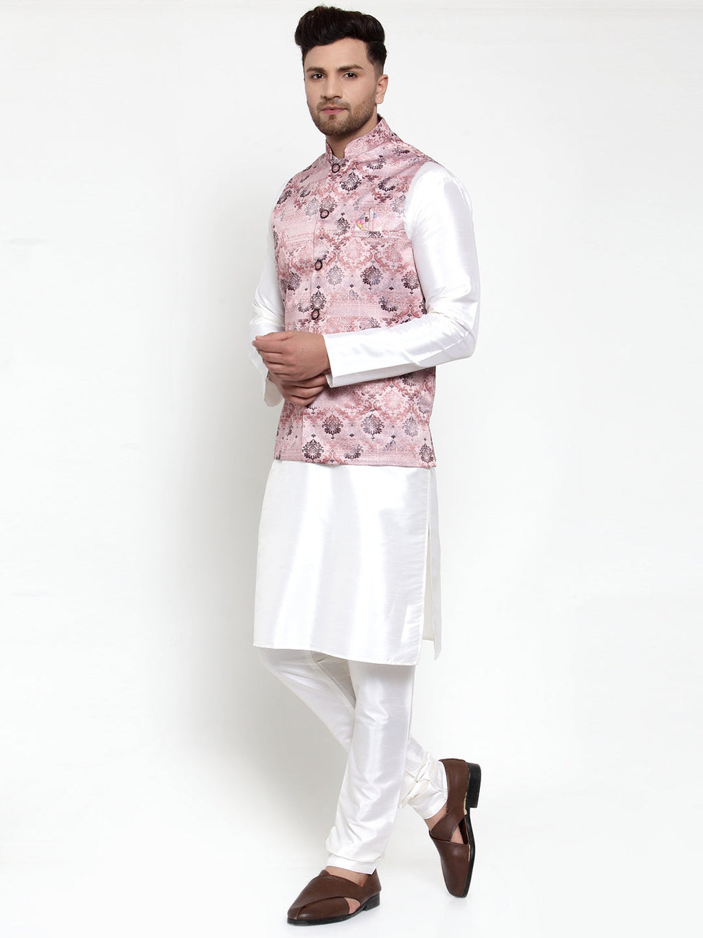 Jompers Men's Solid Dupion Kurta Pajama with Printed Nehru Pink Jacket | Grocsy