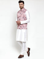 Jompers Men's Solid Dupion Kurta Pajama with Printed Nehru Pink Jacket | Grocsy