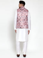 Jompers Men's Solid Dupion Kurta Pajama with Printed Nehru Pink Jacket | Grocsy