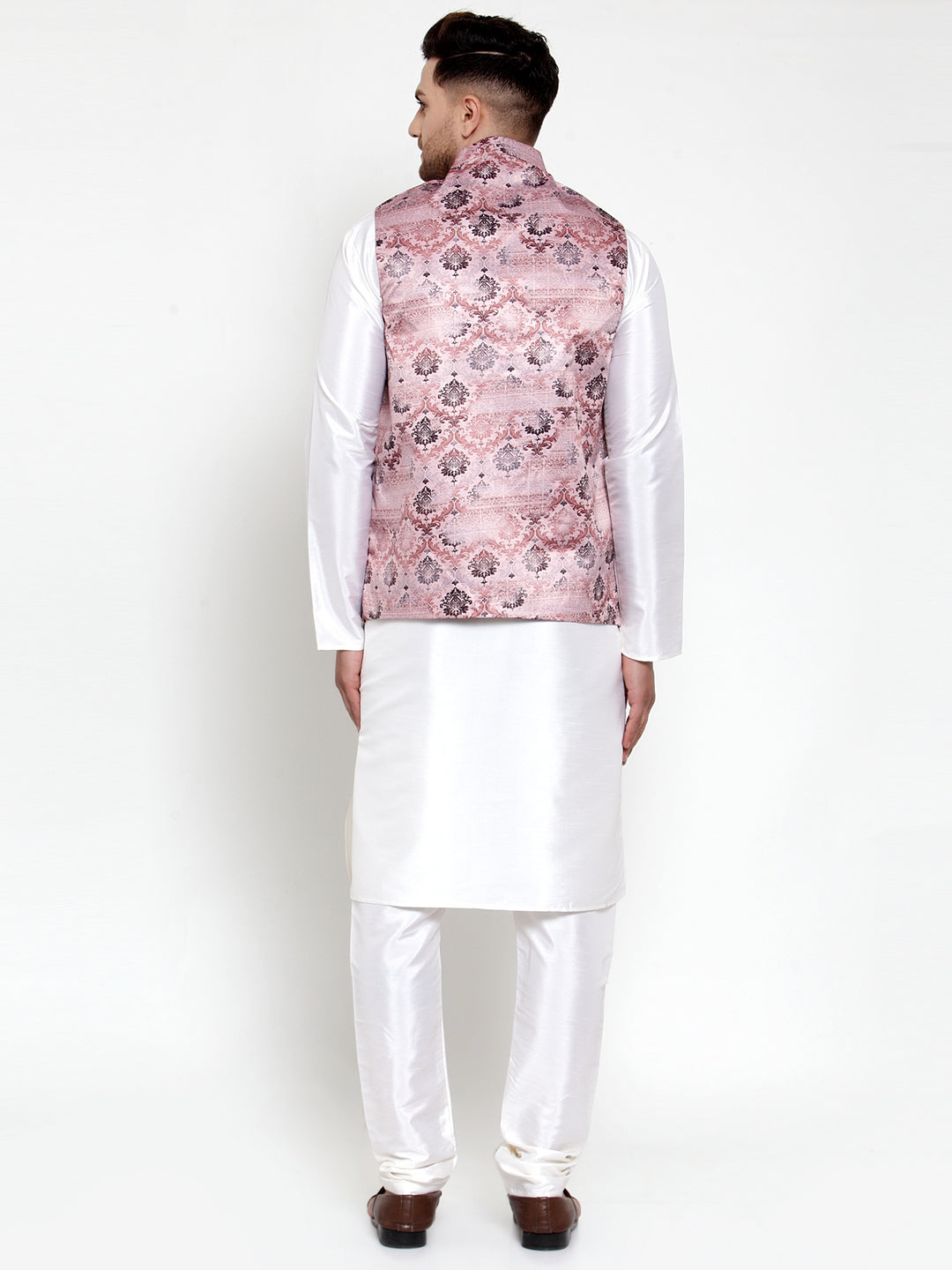 Jompers Men's Solid Dupion Kurta Pajama with Printed Nehru Pink Jacket | Grocsy