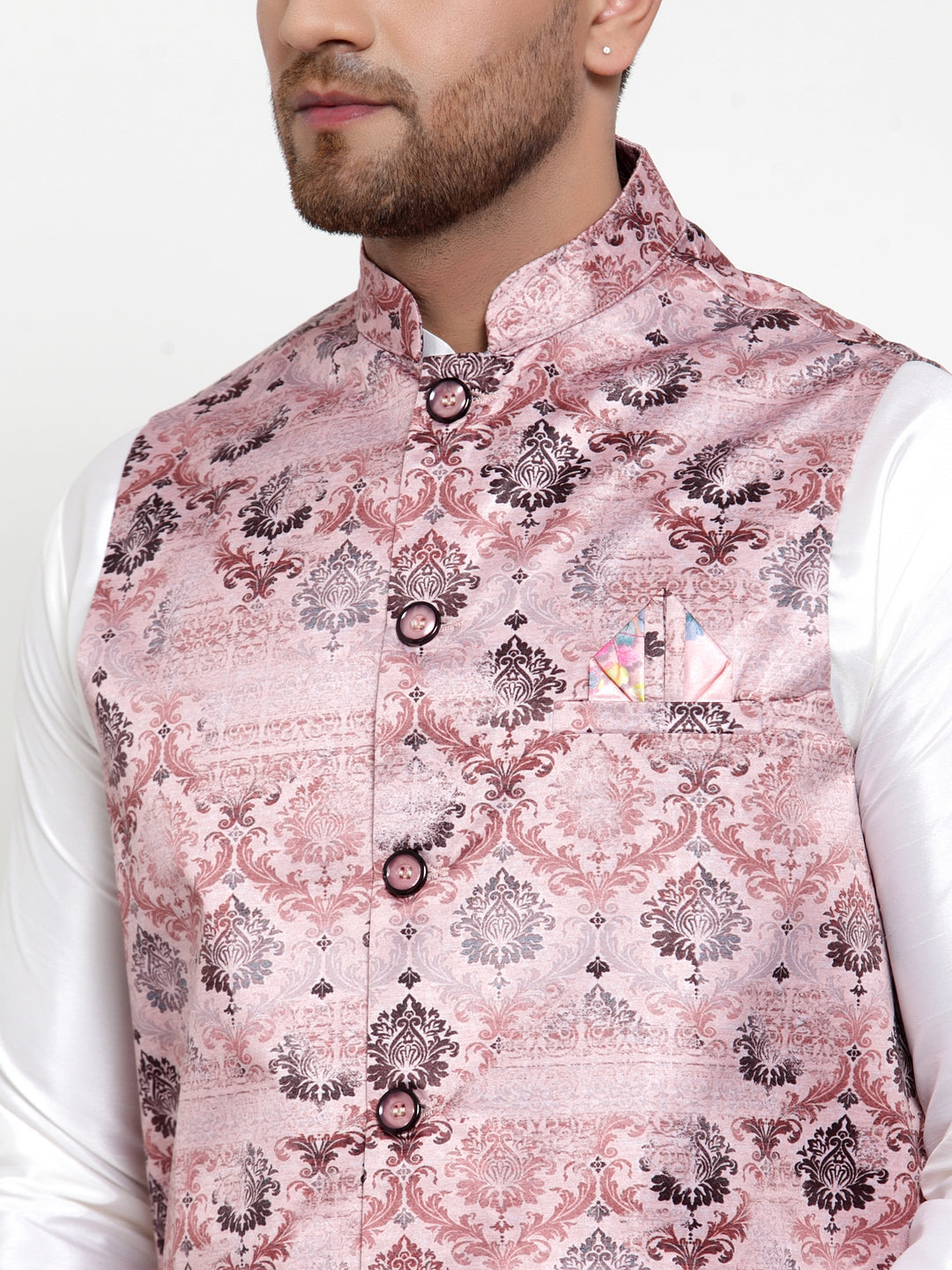 Jompers Men's Solid Dupion Kurta Pajama with Printed Nehru Pink Jacket | Grocsy