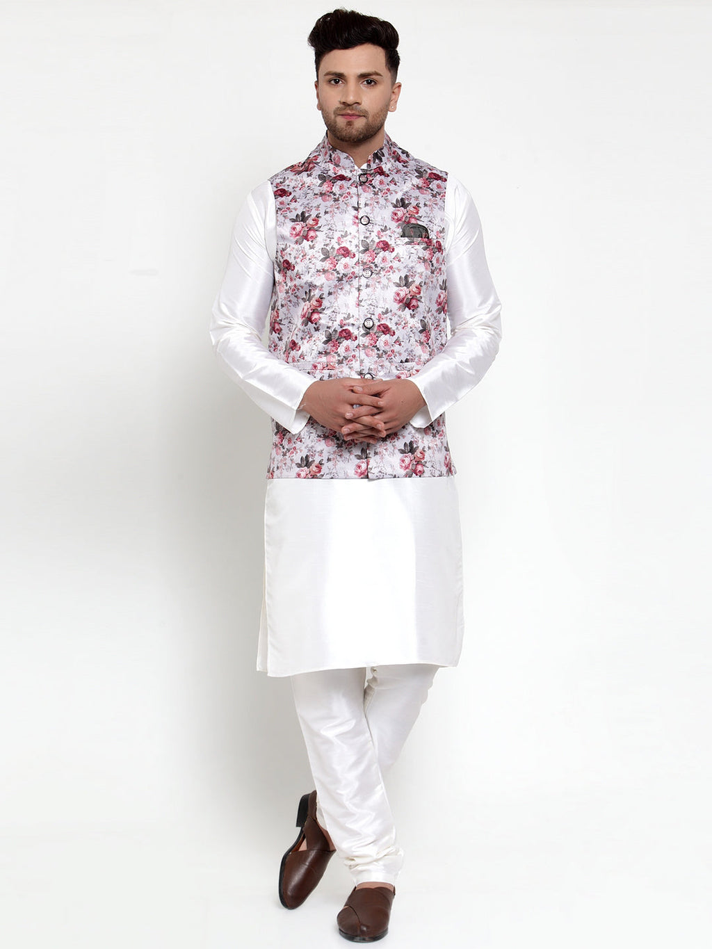 Jompers Men's Solid Dupion Kurta Pajama with Printed Nehru Jacket (Silver) | Grocsy