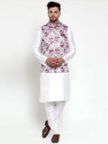 Jompers Men's Solid Dupion Kurta Pajama with Printed Nehru Jacket (Silver) | Grocsy