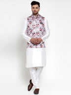 Jompers Men's Solid Dupion Kurta Pajama with Printed Nehru Jacket (Silver) | Grocsy