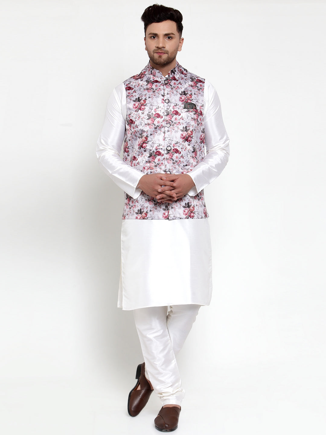 Jompers Men's Solid Dupion Kurta Pajama with Printed Nehru Jacket (Silver) | Grocsy