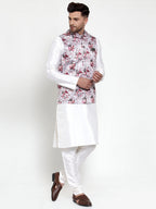 Jompers Men's Solid Dupion Kurta Pajama with Printed Nehru Jacket (Silver) | Grocsy