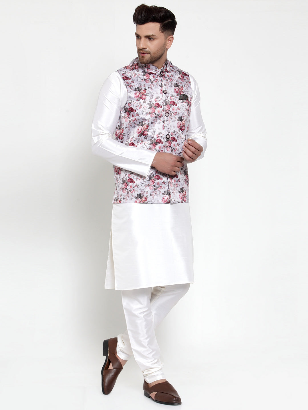 Jompers Men's Solid Dupion Kurta Pajama with Printed Nehru Jacket (Silver) | Grocsy