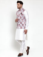 Jompers Men's Solid Dupion Kurta Pajama with Printed Nehru Jacket (Silver) | Grocsy
