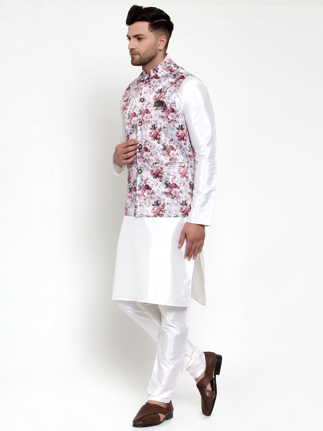 Jompers Men's Solid Dupion Kurta Pajama with Printed Nehru Jacket (Silver) | Grocsy