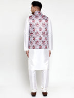 Jompers Men's Solid Dupion Kurta Pajama with Printed Nehru Jacket (Silver) | Grocsy