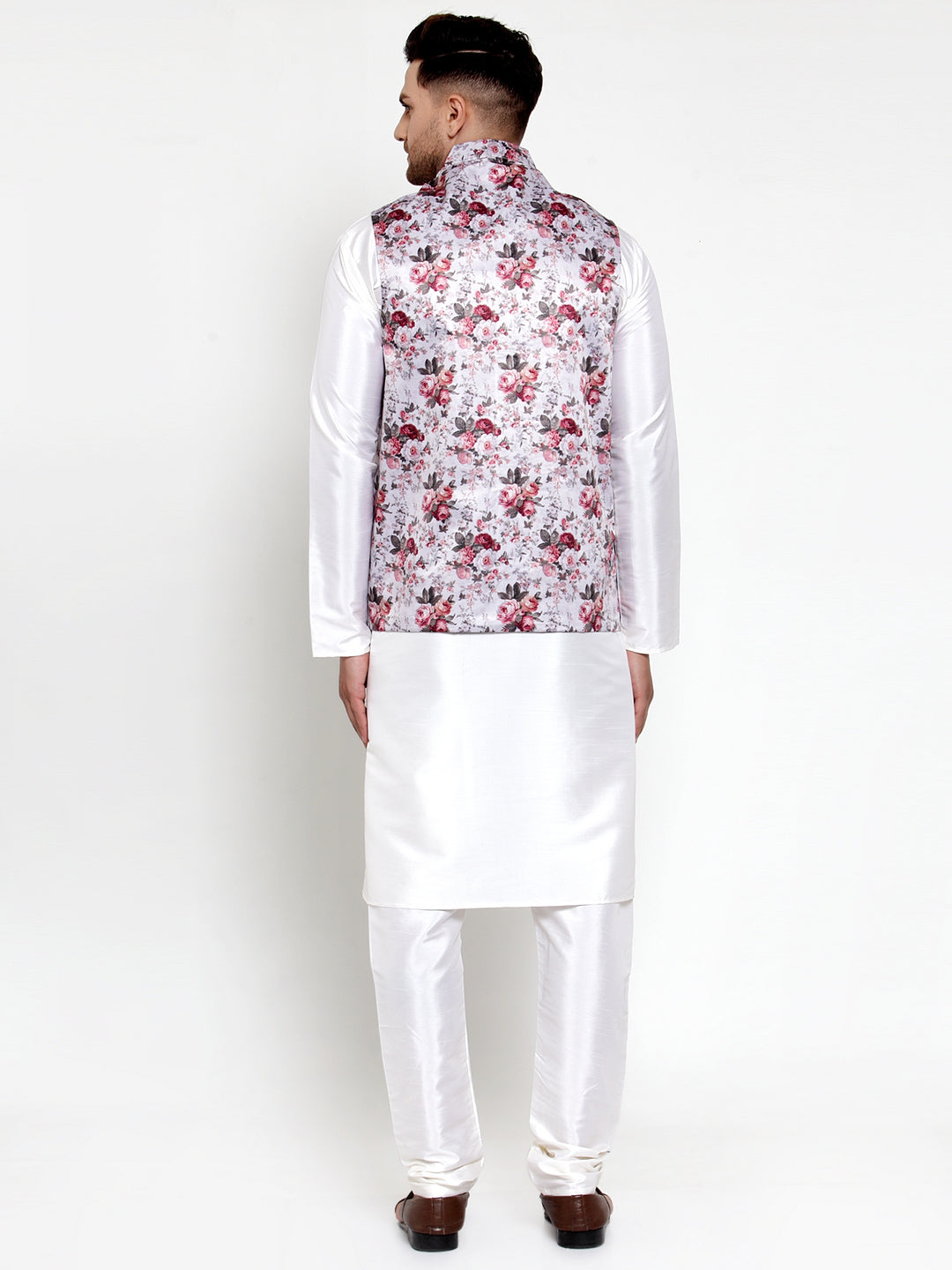 Jompers Men's Solid Dupion Kurta Pajama with Printed Nehru Jacket (Silver) | Grocsy