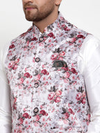 Jompers Men's Solid Dupion Kurta Pajama with Printed Nehru Jacket (Silver) | Grocsy
